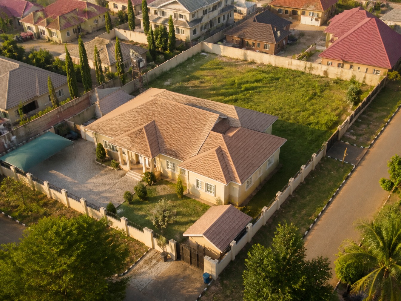 Aerial view of an Abuja residential area with compounds
