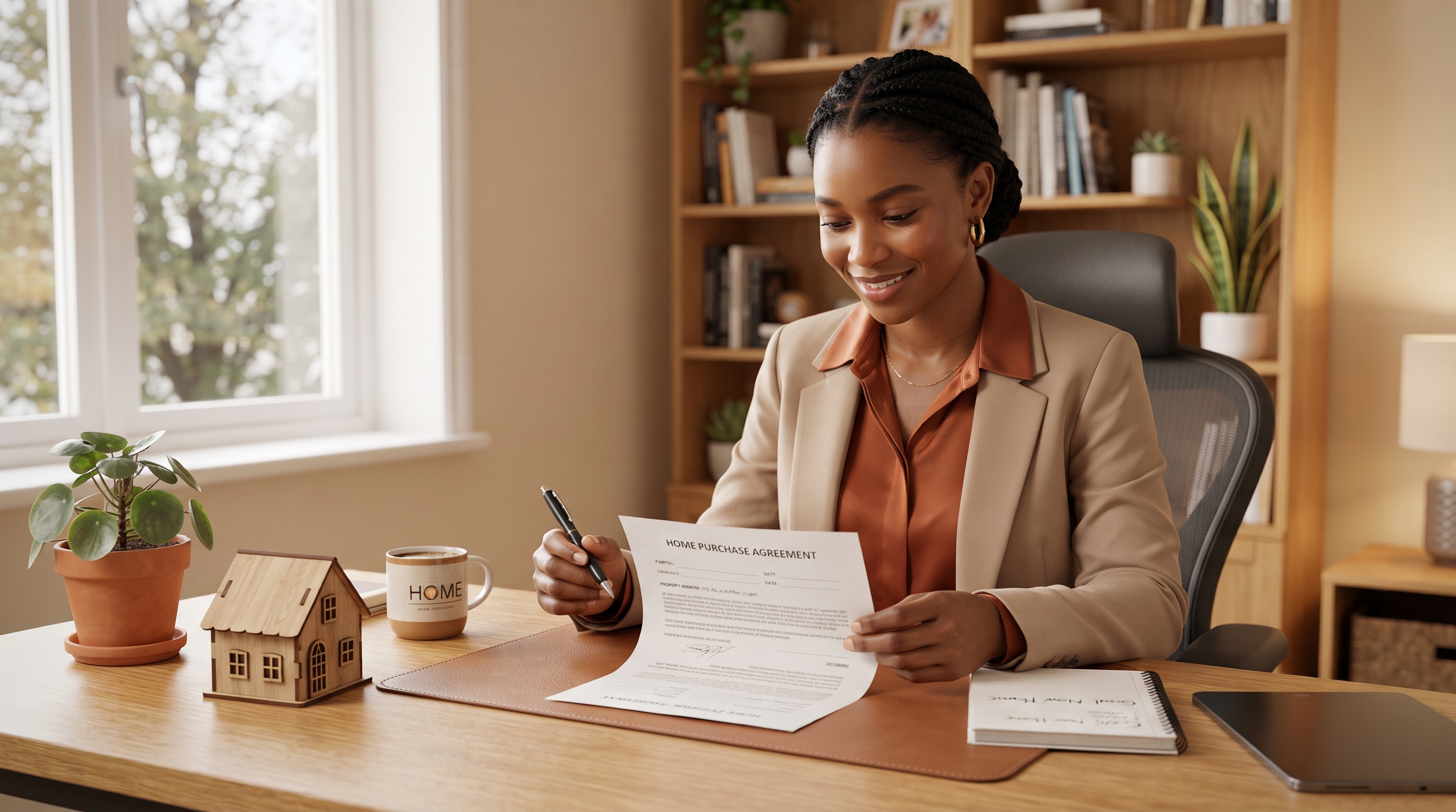 A person signing a rent-to-own agreement at a desk