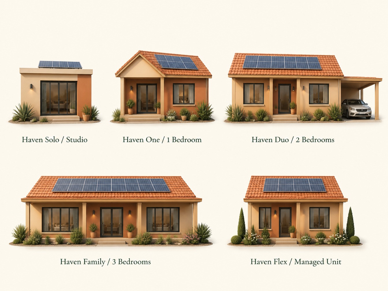Grid of Micro Haven compact home types in the collection